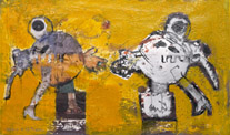 double portrait of an extraterrestrial petrol seller, 2003, 90 x 55 cm, oil and mixed media on canvas